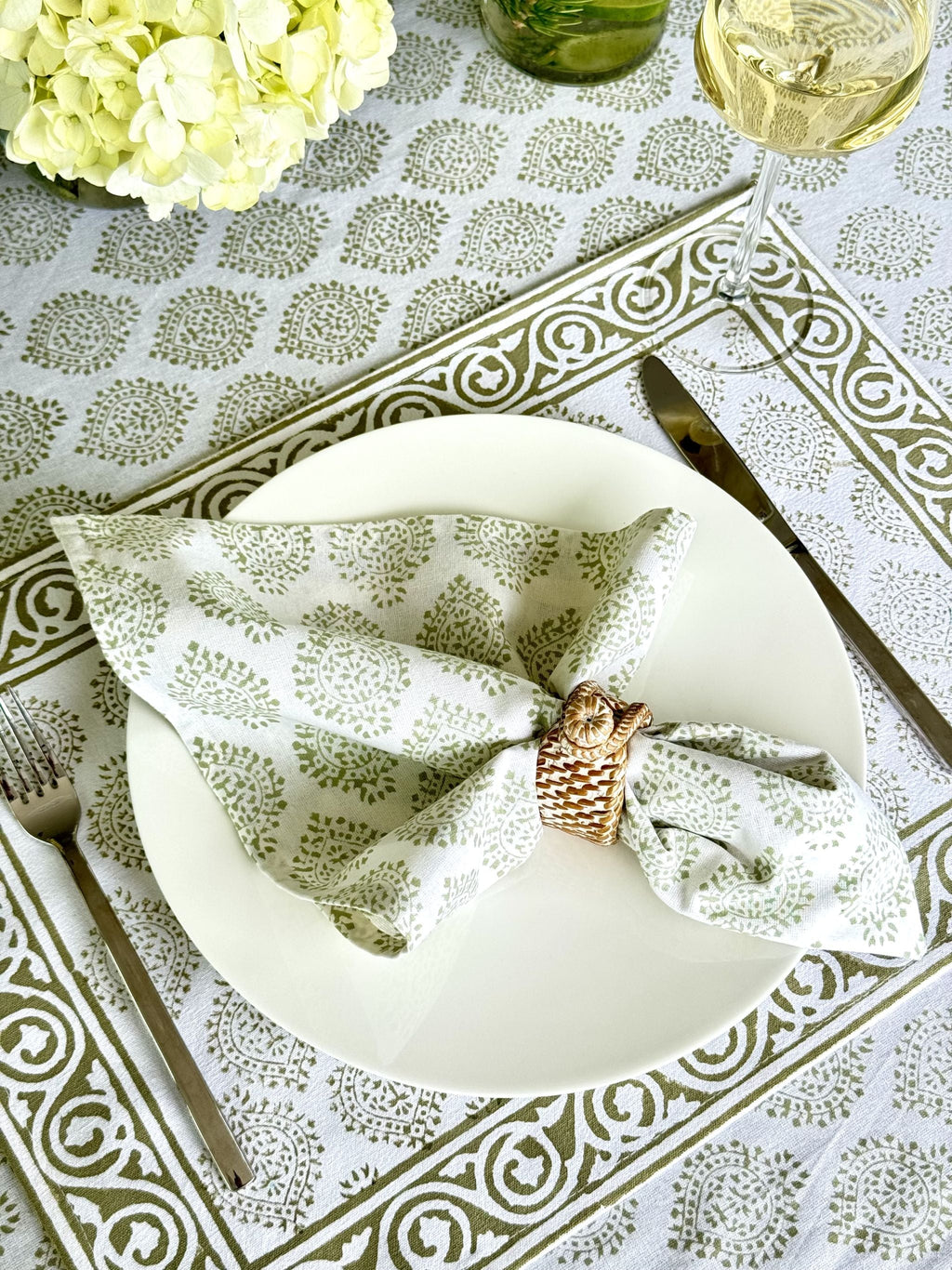 Hand Block Print Placemats, 18 inches x 13 inches, Set of 4, Light Green