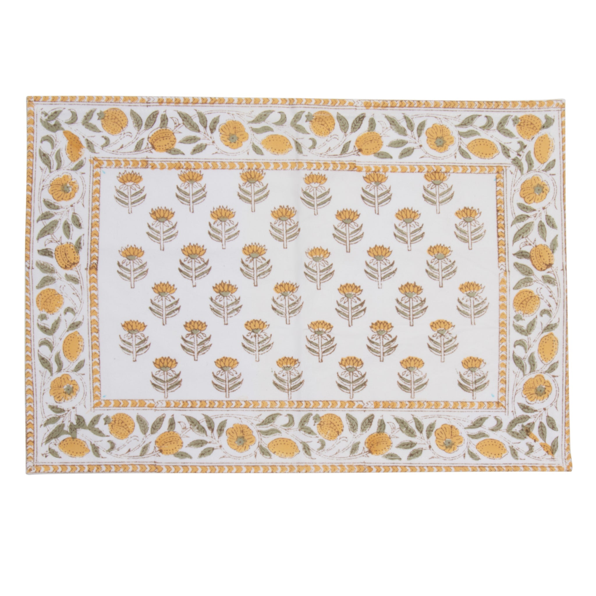 Hand Block Print Placemats, 18 inches x 13 inches, Set of 4, Yellow