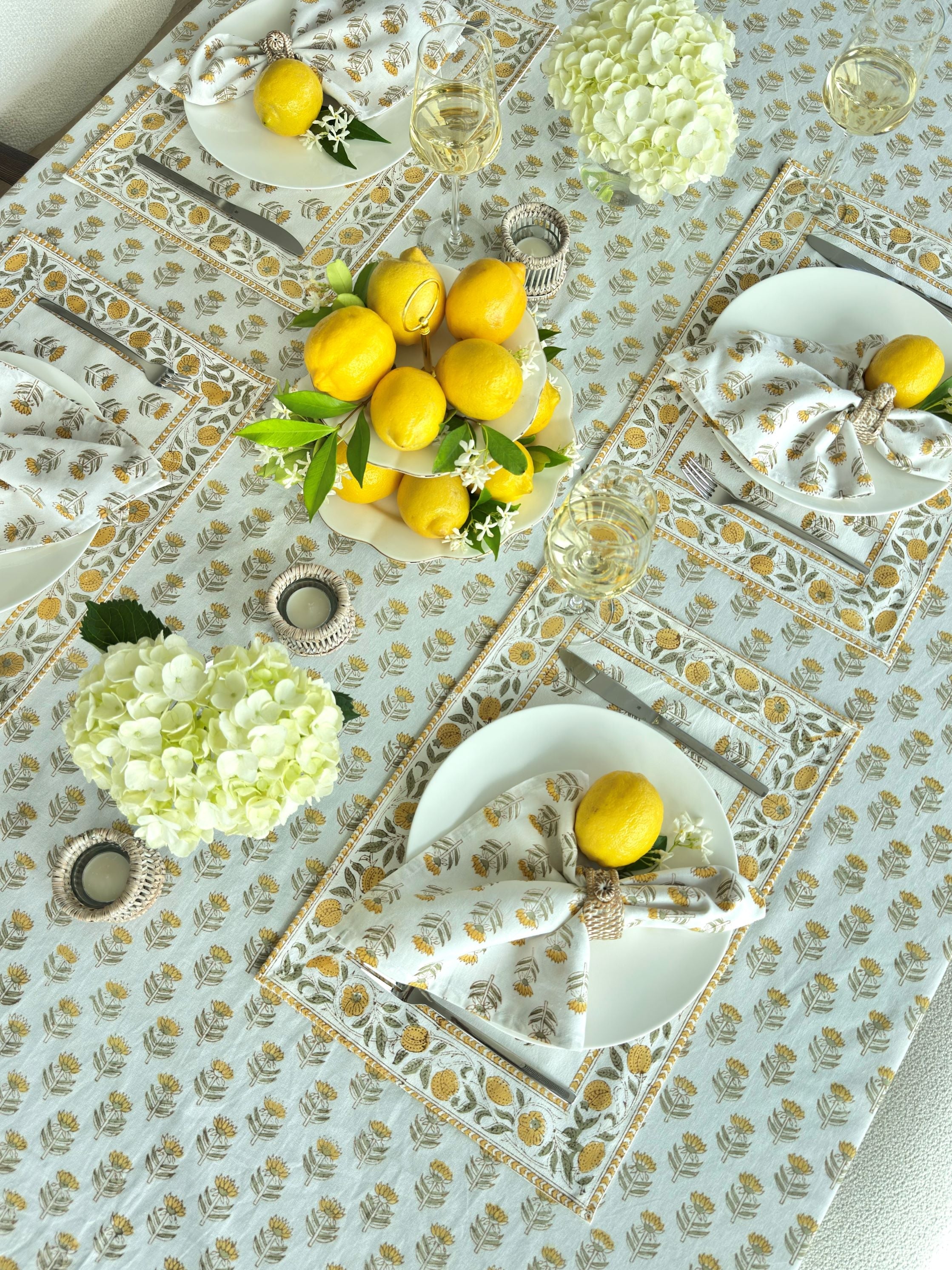 Hand Block Print Placemats, 18 inches x 13 inches, Set of 4, Yellow