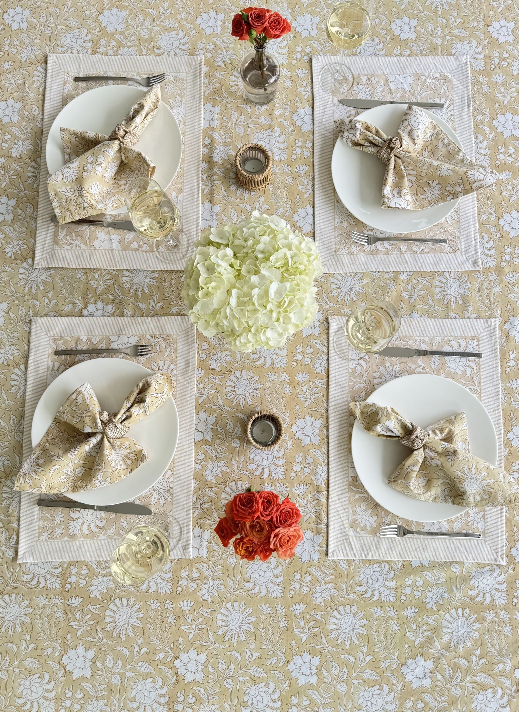 Hand Block Print Dinner Napkins, 20 inches x 20 inches, Set of 4 Pieces, Beige