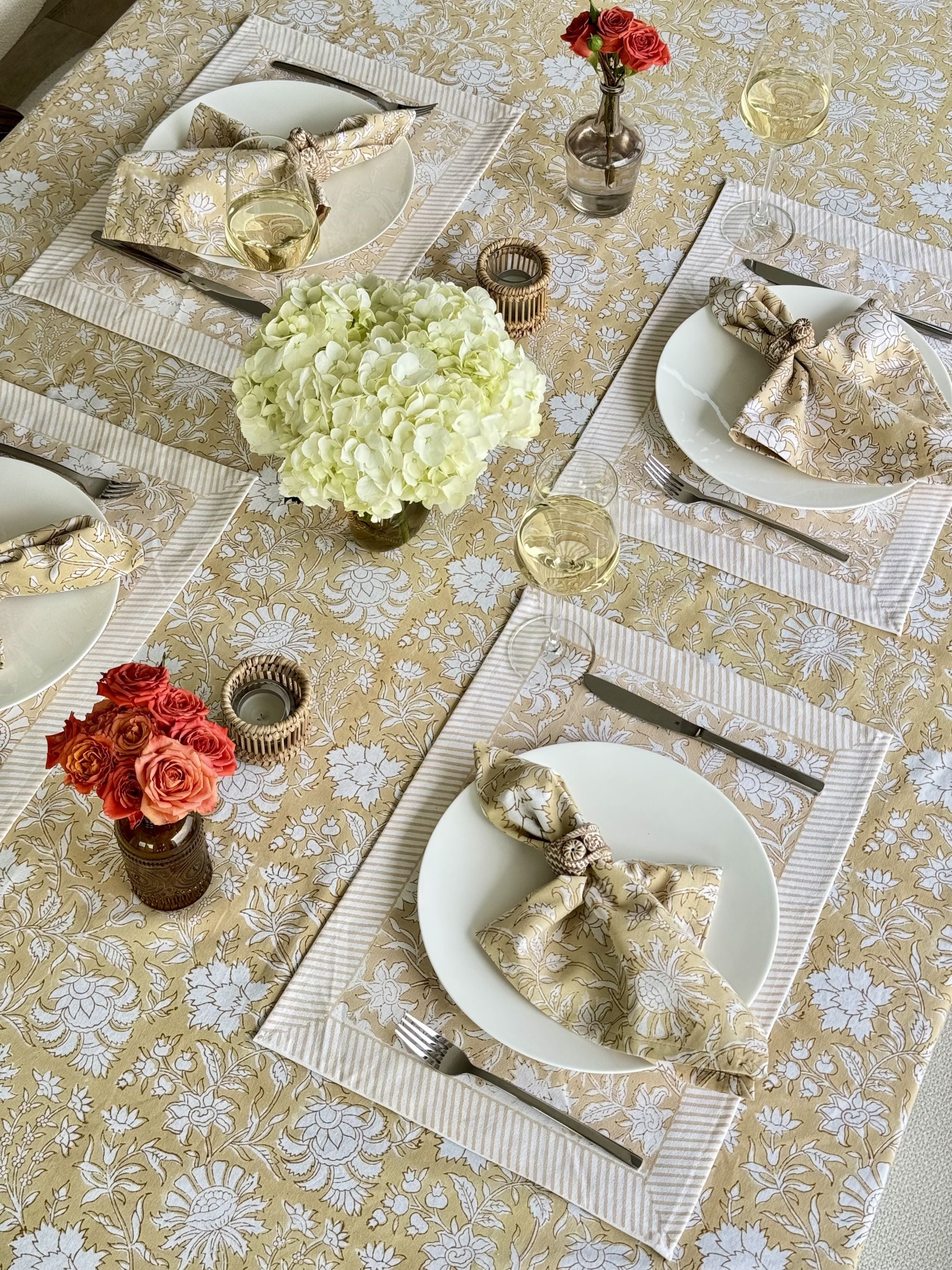 Hand Block Print Tablecloth, Beige