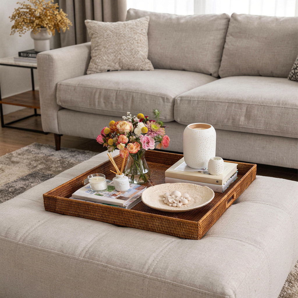 La Jolla Square Rattan Jumbo Sized Centerpiece and Ottoman Tray