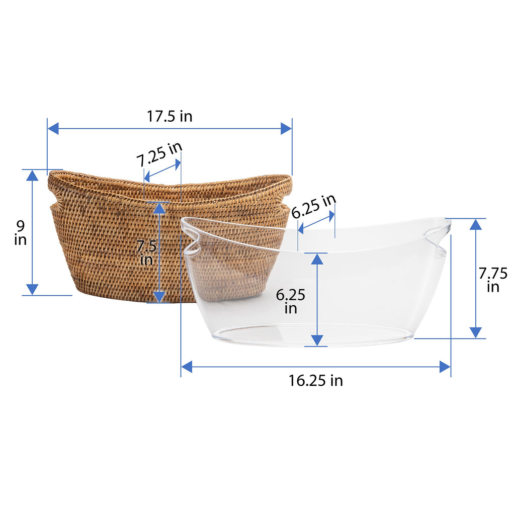 La Jolla Oblong Acrylic BBQ Beer and Softdrink Bucket in Rattan Basket, Honey-Brown