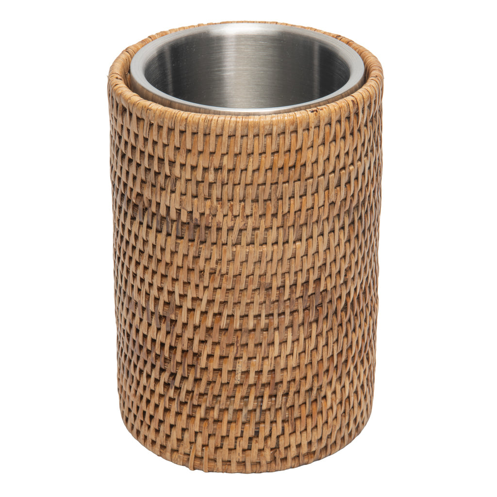 La Jolla Double-Wall Stainless Steel Single Bottle  Cooler in Rattan Sleeve, Honey-Brown
