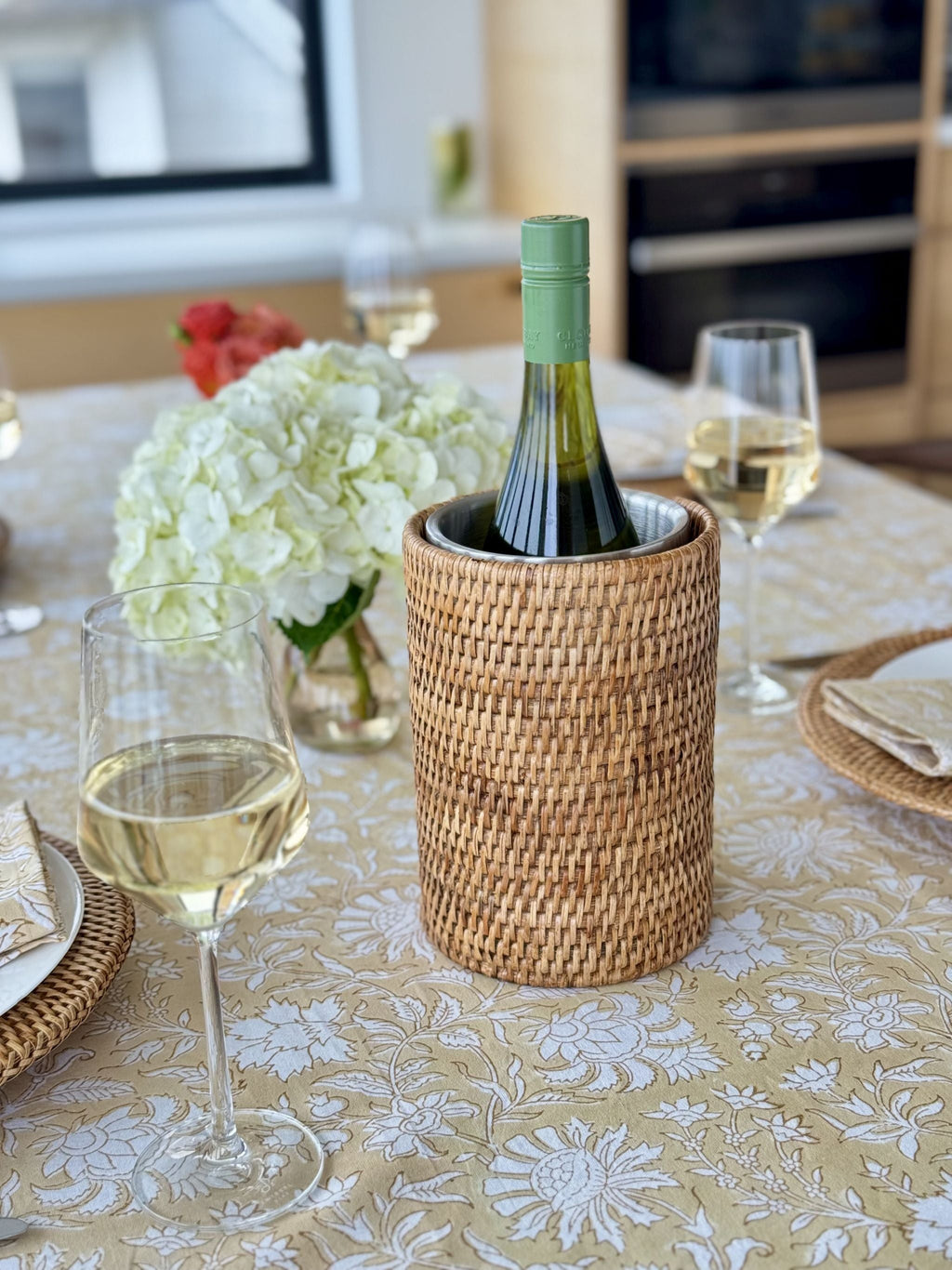 La Jolla Double-Wall Stainless Steel Single Bottle  Cooler in Rattan Sleeve, Honey-Brown