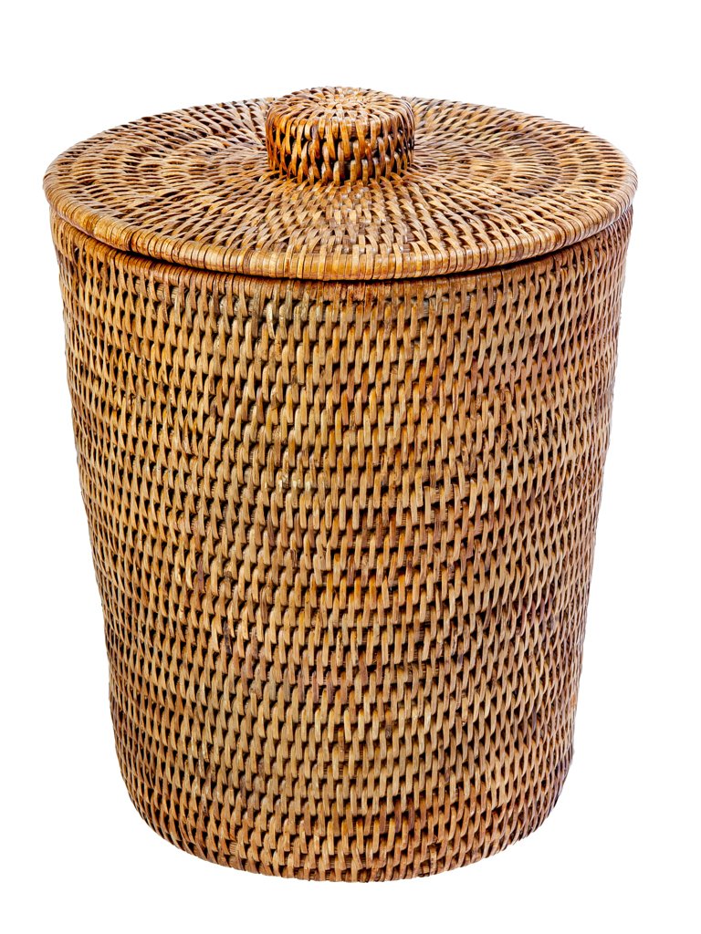 La Jolla Rattan Round Waste Basket with Plastic Insert & Lid. Small