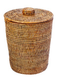 La Jolla Rattan Round Waste Basket with Plastic Insert & Lid. Small