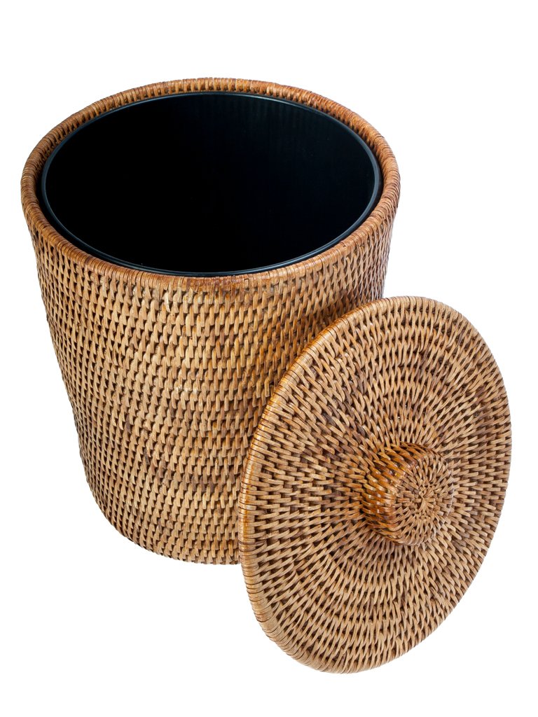 La Jolla Rattan Round Waste Basket with Plastic Insert & Lid. Small