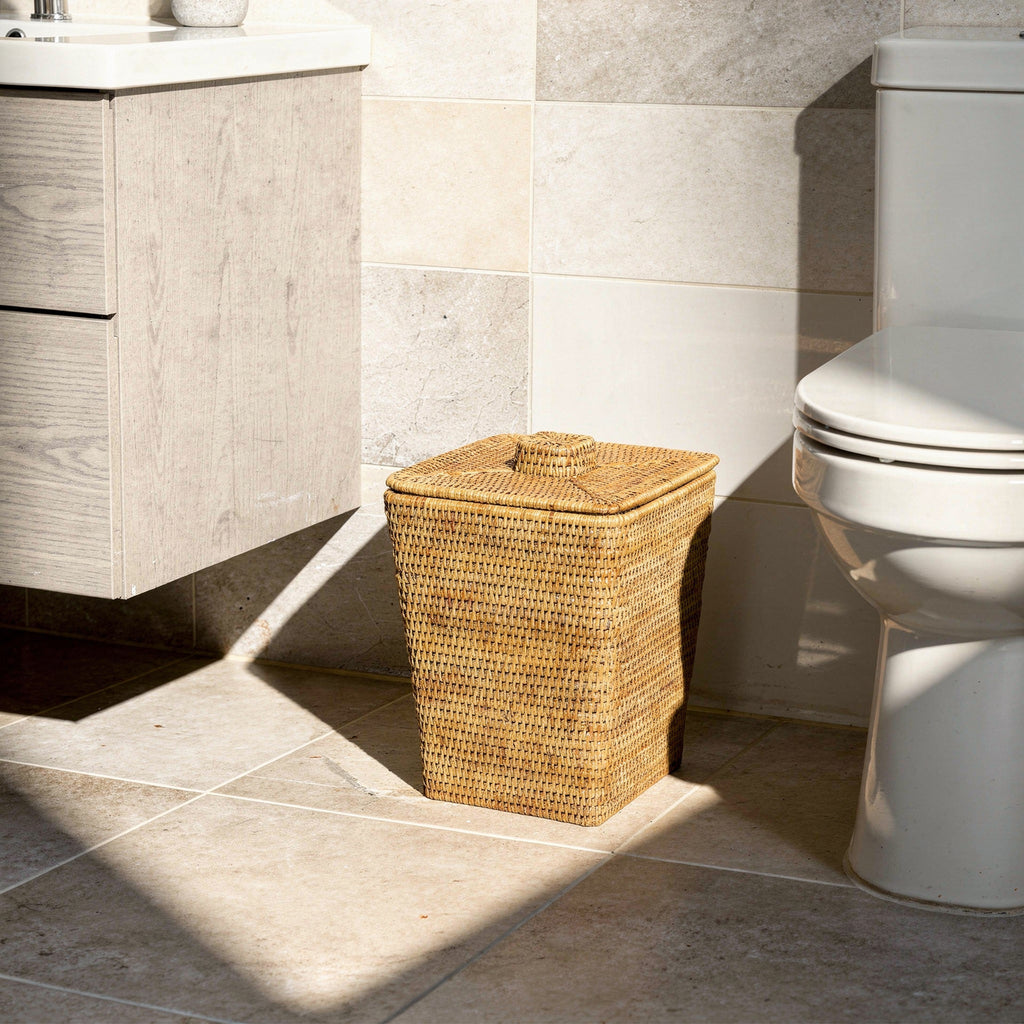 La Jolla Rattan Square Paper Waste Basket and Trash Bin with Lid and Plastic Insert