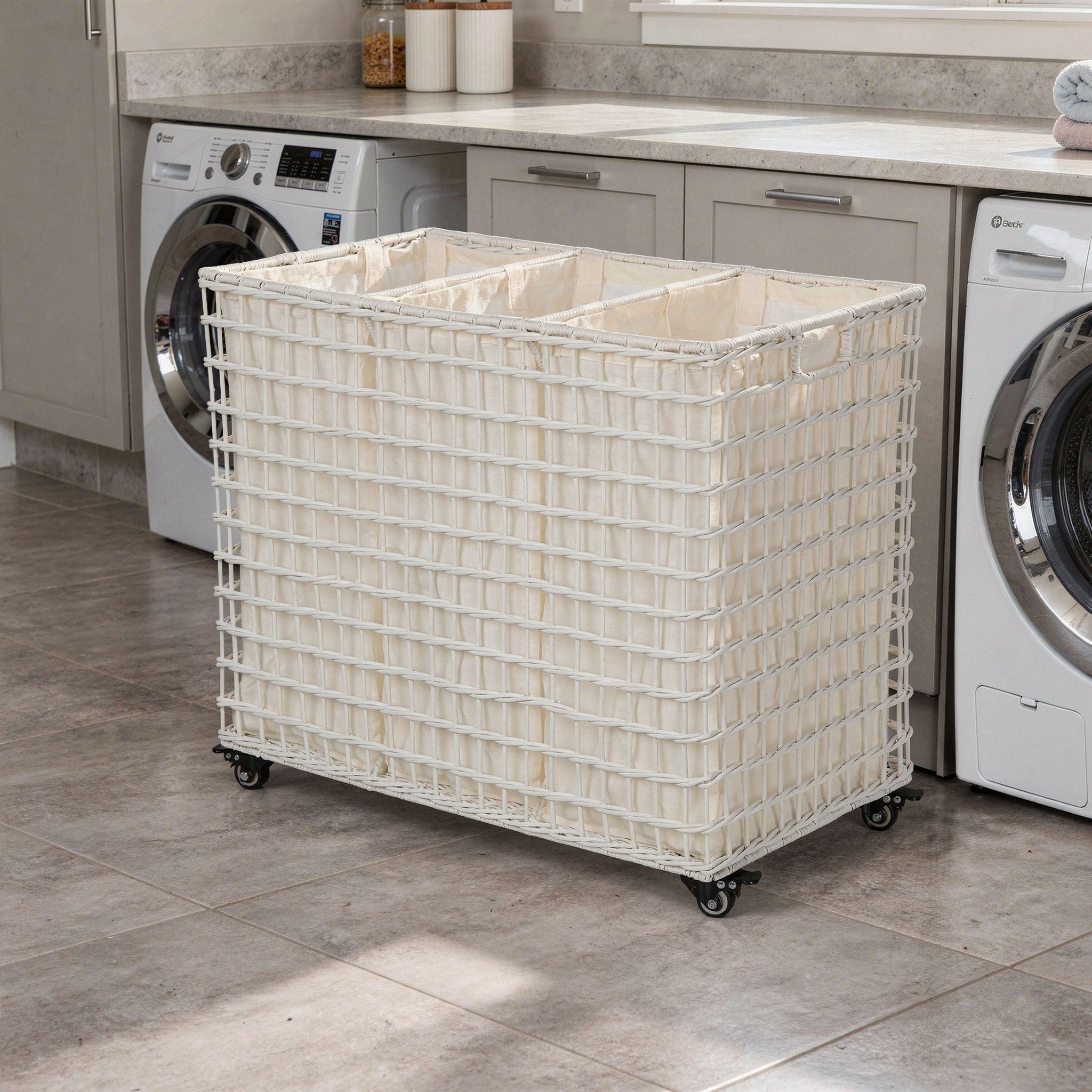 Wicker 3-Bag Rolling Laundry Sorter & Hamper with Caster Wheels