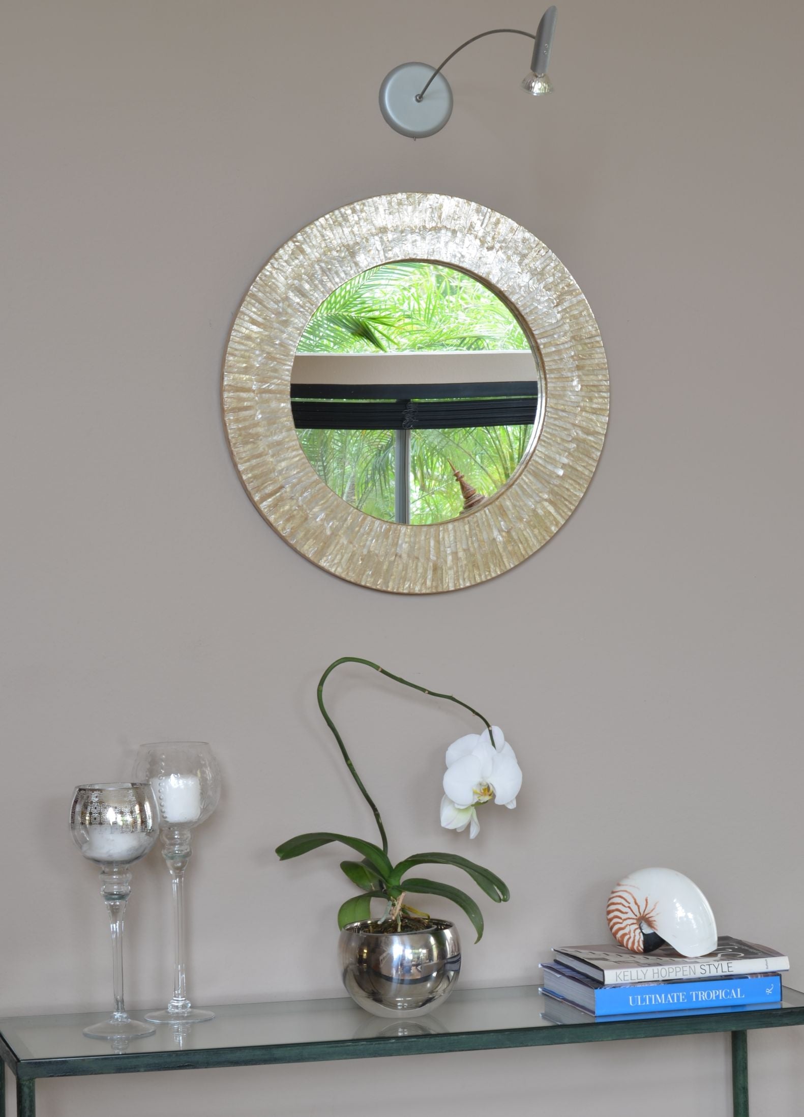 Round Capiz Seashell Sunray Wall Mirror, Pearlescent White