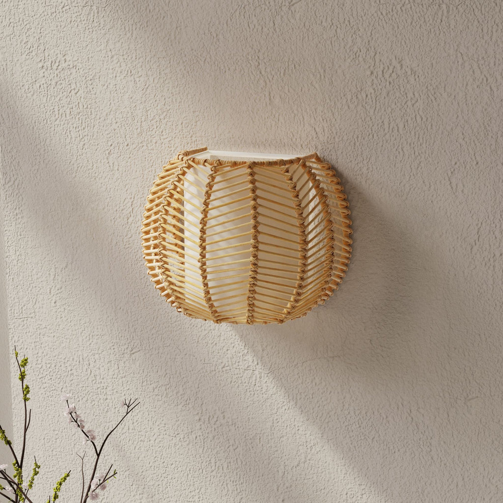 Wicker Rib Half-Sphere  Indoor Wall Sconce with Whie Fabric Light Diffuser, Natural
