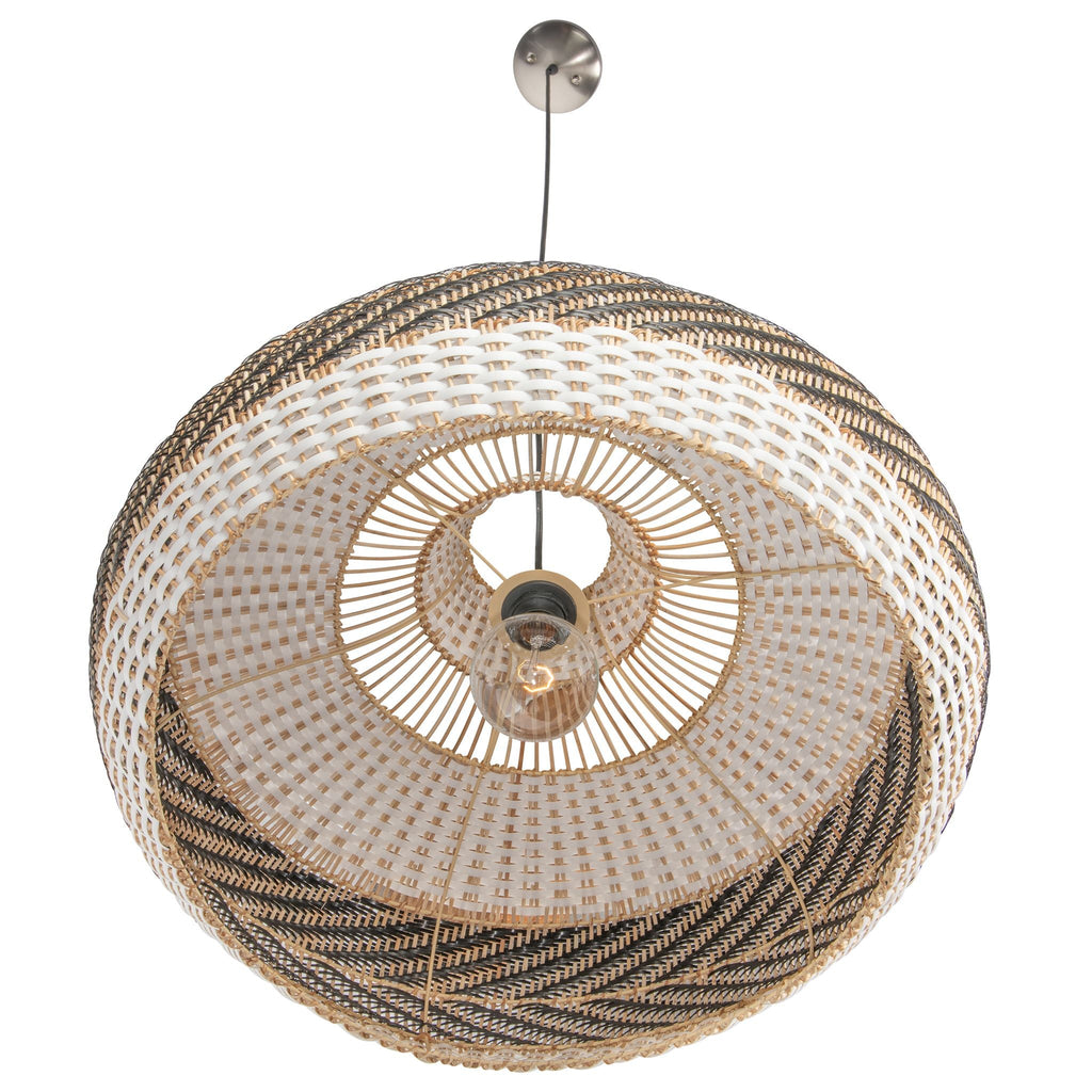 Wicker and Polyrattan Saucer Shaped Arrow Pendant Lamp, White & Black, Diam 24 Inches
