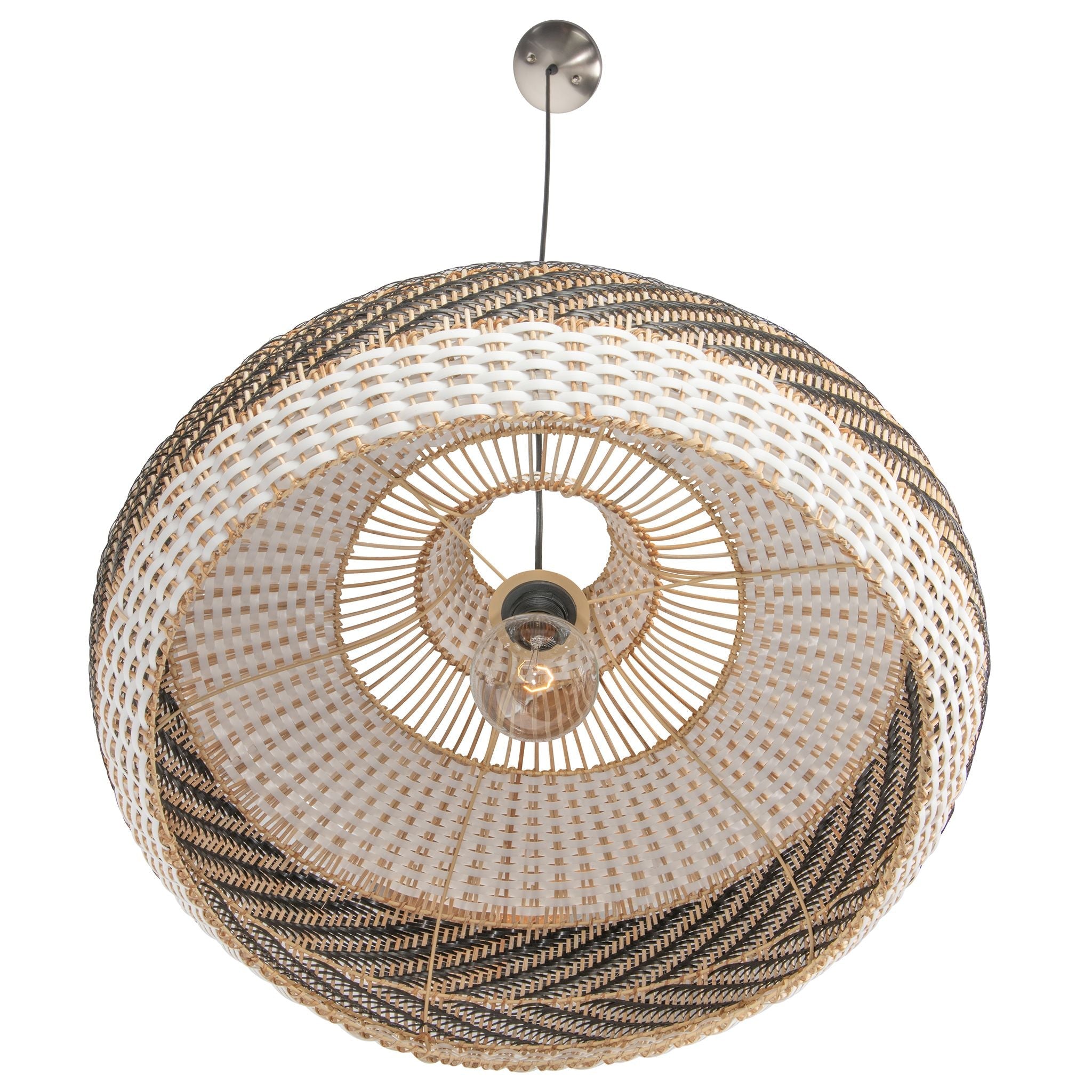 Wicker and Polyrattan Saucer Shaped Arrow Pendant Lamp, White & Black, Diam 24 Inches