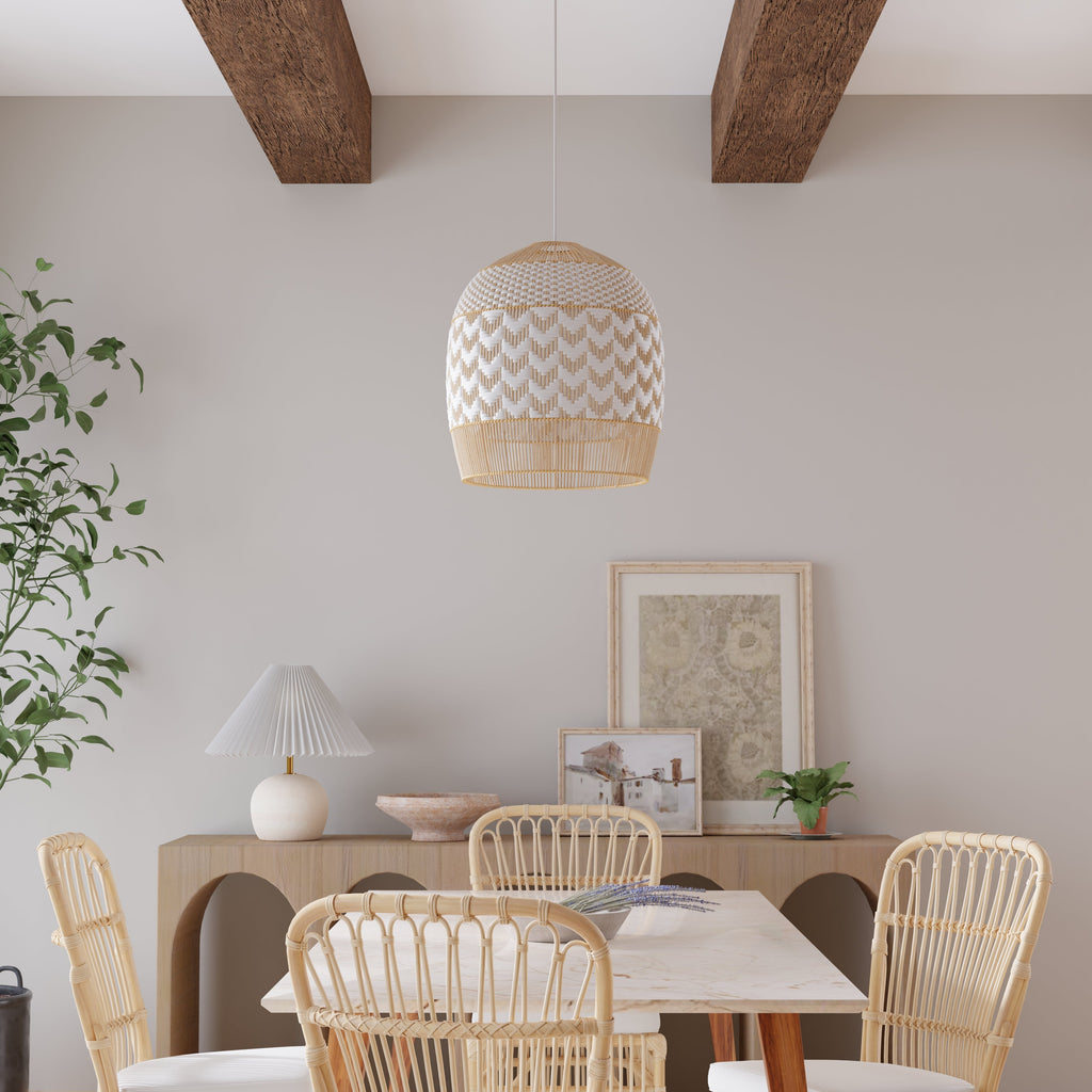 Wicker and Polyrattan Tulip Shaped Chevron Pendant Lamp, White, Diam 19.5 Inches