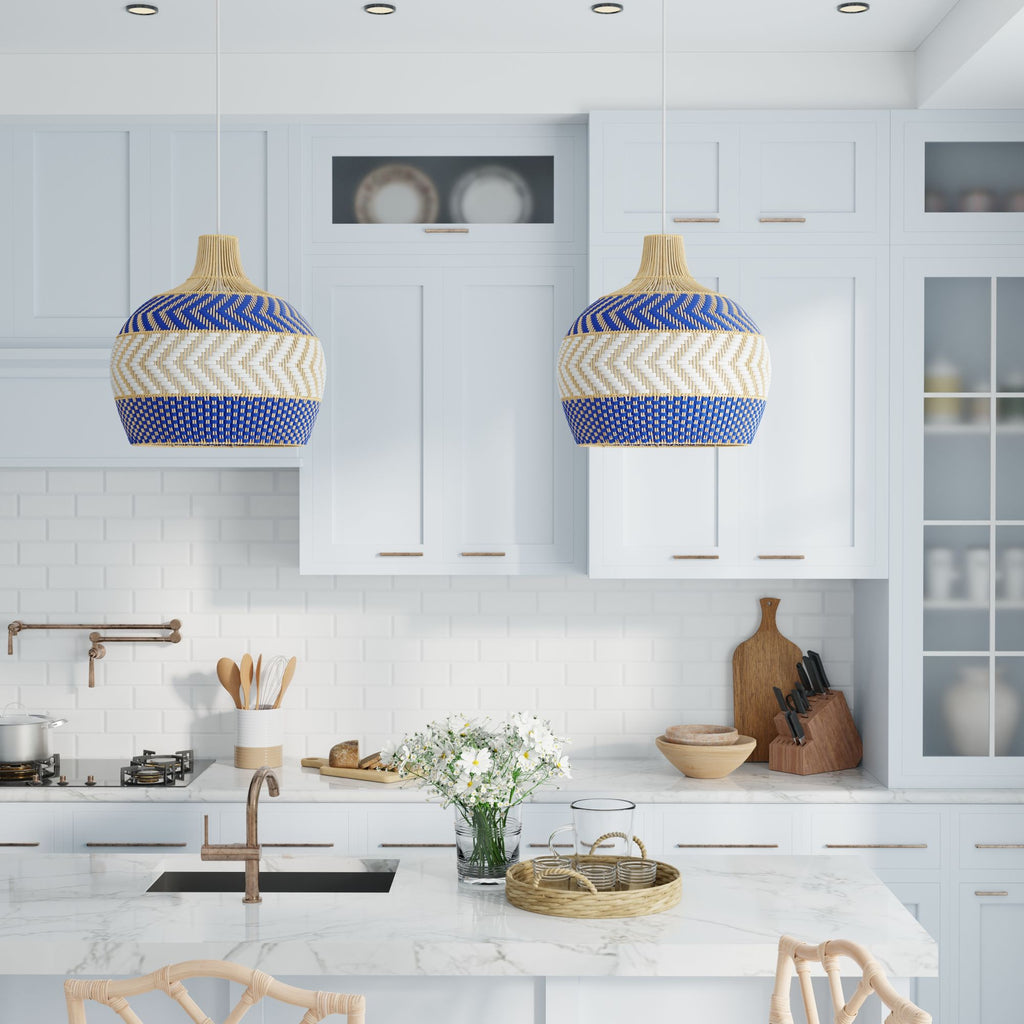 Wicker and Polyrattan Pear Shaped Arrow Pendant Lamp, White & Navy Blue, Diam 18 Inches