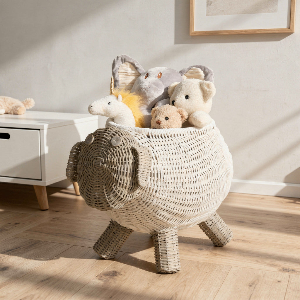 Rattan Sheep Kids Storage Basket, White & Gray