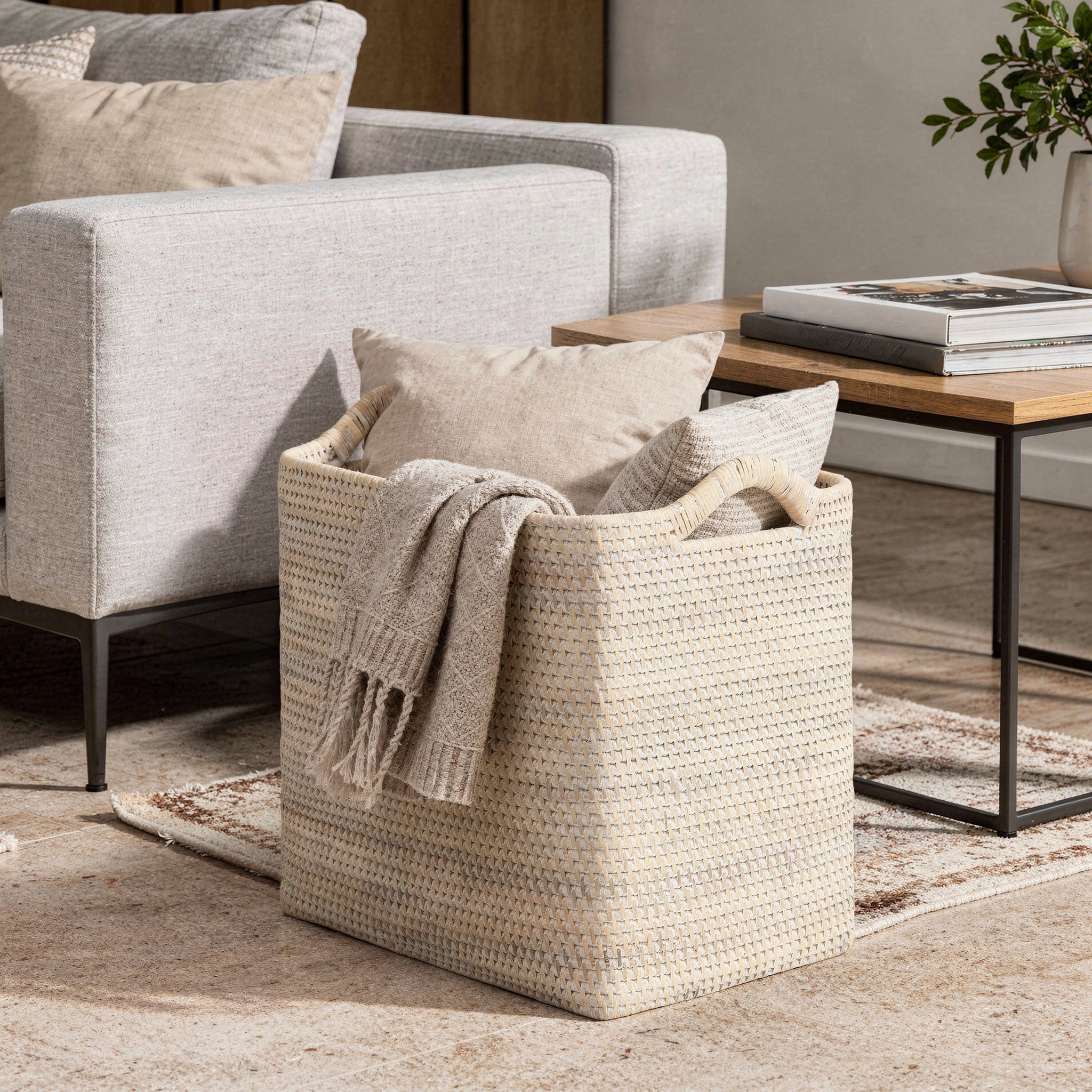 Loma Rectangular Decorative Rattan Storage Basket with Ear Handles, Small