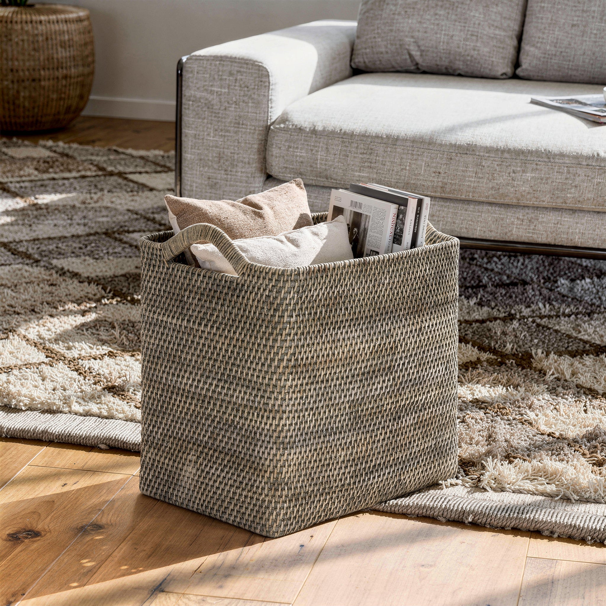 Loma Rectangular Decorative Rattan Storage Basket with Ear Handles, Small