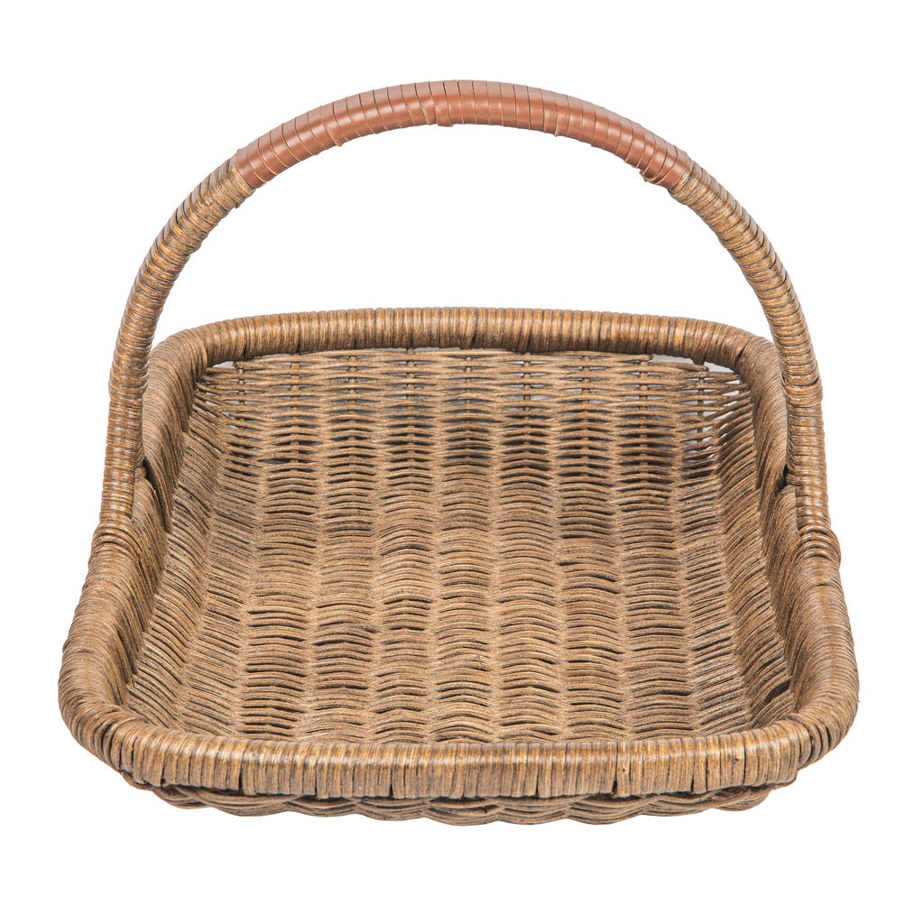 Vegetable and Flower Wicker Basket with Leather Wrapped Arch Handle, Natural Color