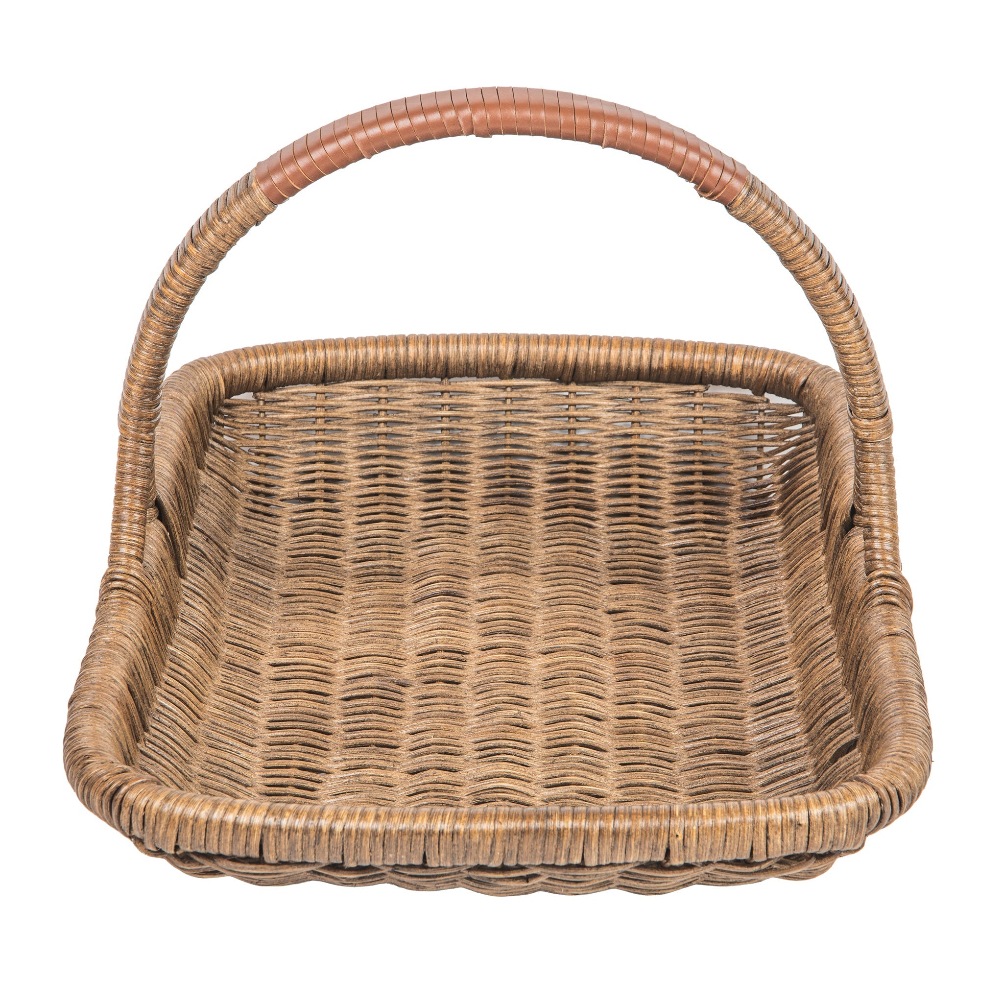 Vegetable and Flower Wicker Basket with Leather Wrapped Arch Handle, Natural Color