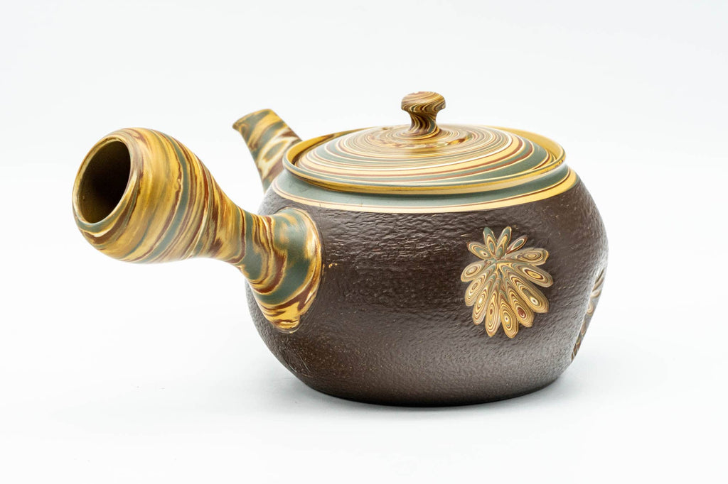 Japanese Kyusu - Engraved Floral Nerikomi Textured Tokoname-yaki Debeso Teapot - 240ml