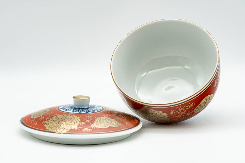 Japanese Teacup - Red, Blue, and Gold Floral Geometric Arita-yaki Lidded Yunomi - 160ml