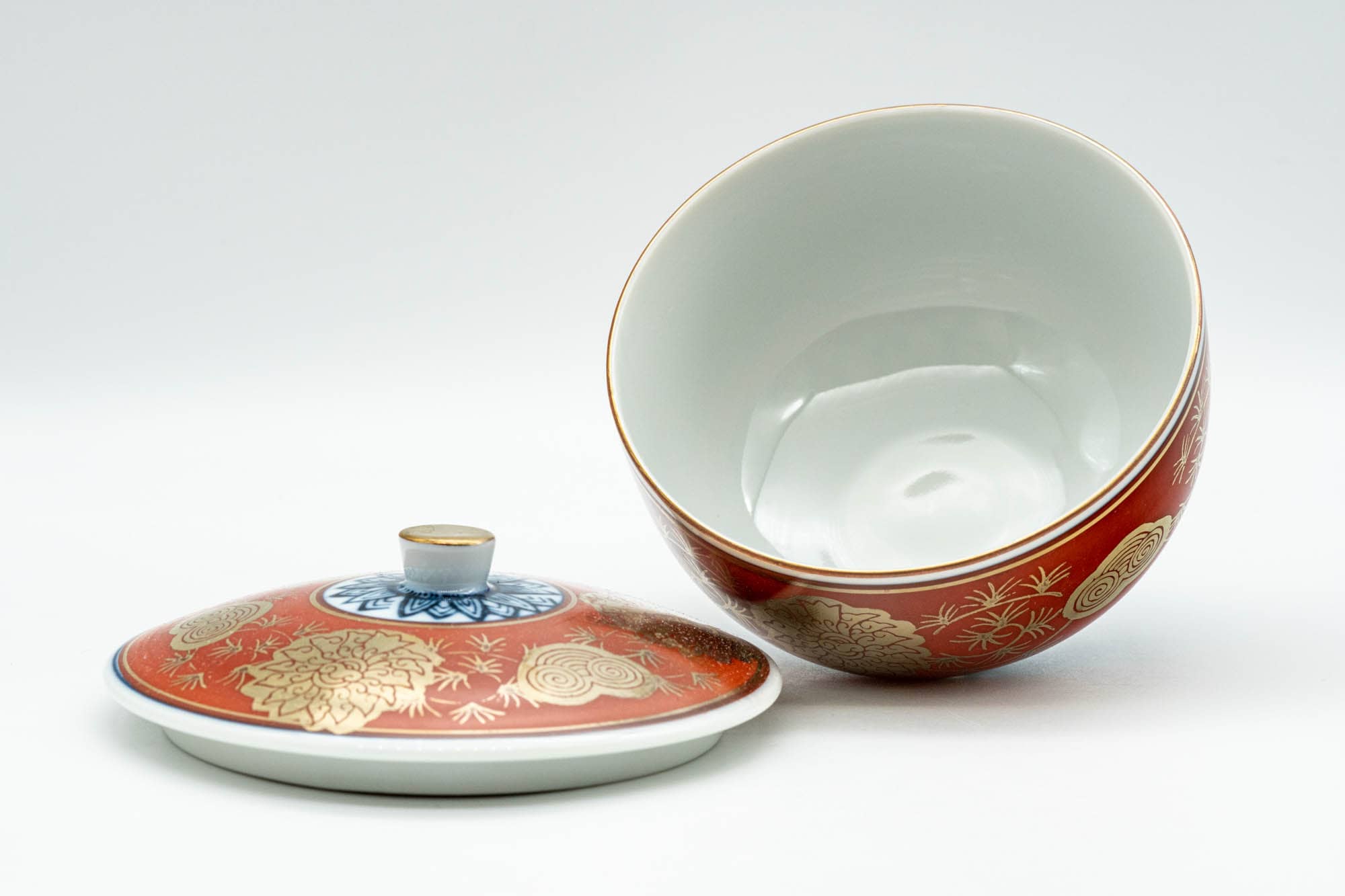 Japanese Teacup - Red, Blue, and Gold Floral Geometric Arita-yaki Lidded Yunomi - 160ml