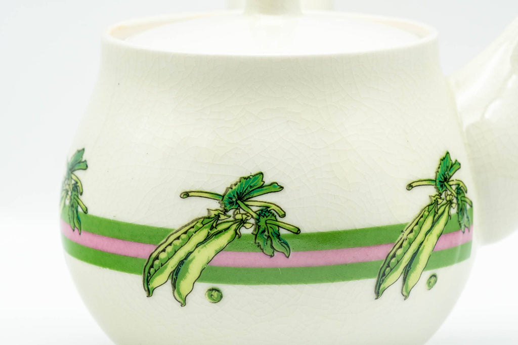 Japanese Kyusu - Beige Green Striped Snow Peas Kutani-yaki Debeso Teapot - 400ml