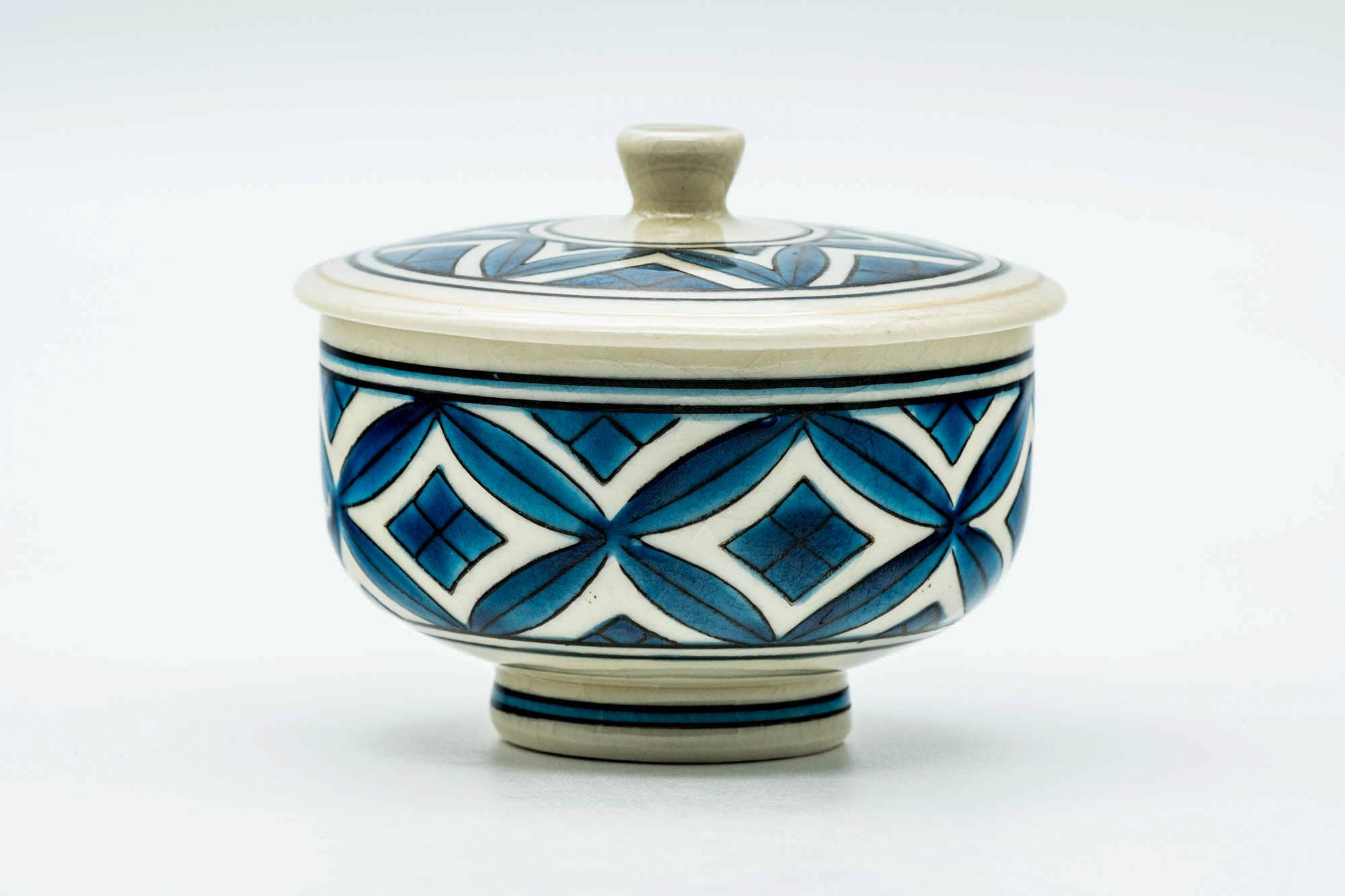 Japanese Teacup - Blue Geometric Kutani-yaki Lidded Yunomi - 130ml