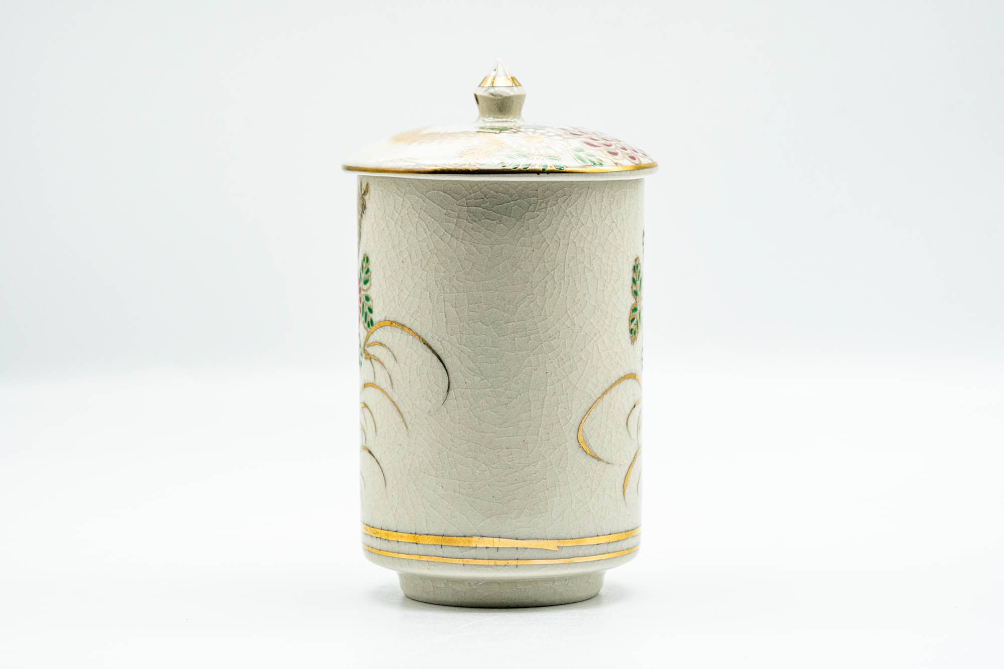 Japanese Teacup - Beige Gold Floral Kutani-yaki Lidded Yunomi - 180ml