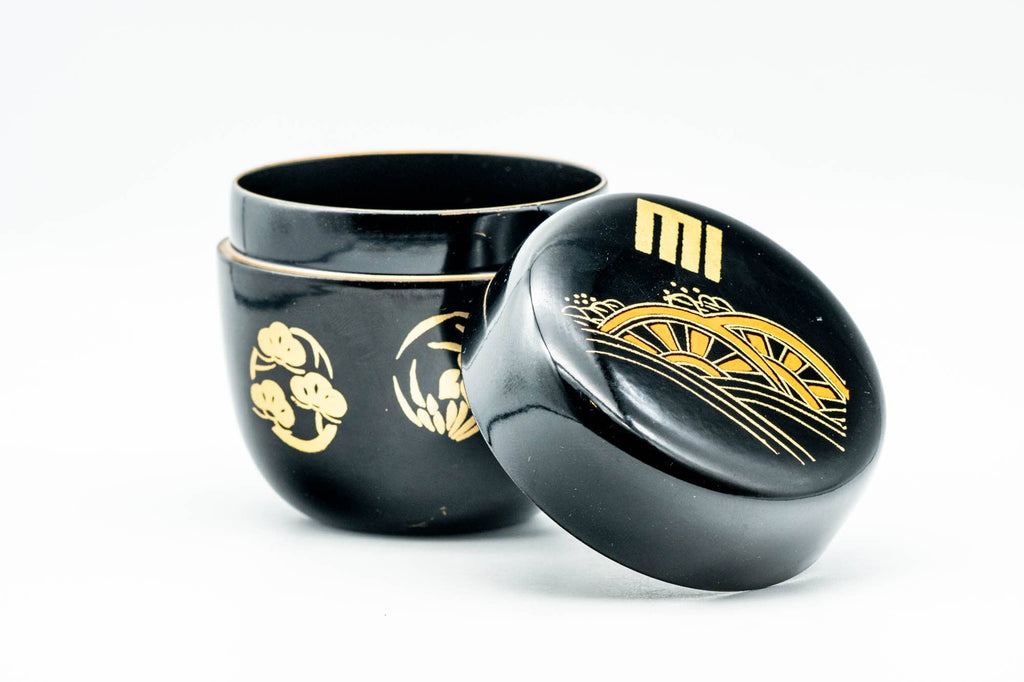 Japanese Natsume - Floral Water Wheel Black Urushi Lacquer Matcha Tea Caddy - 100ml