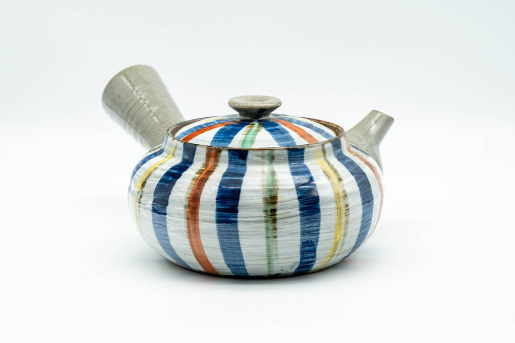 Japanese Kyusu - Colourfully Striped Grey Ceramic Debeso Filtered Teapot - 350ml