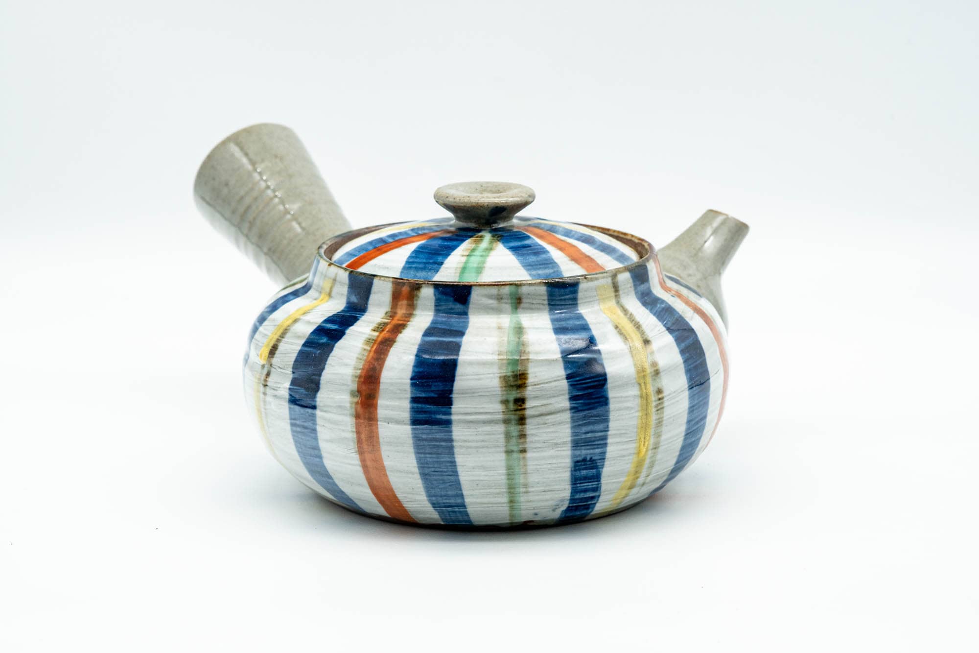 Japanese Kyusu - Colourfully Striped Grey Ceramic Debeso Filtered Teapot - 350ml
