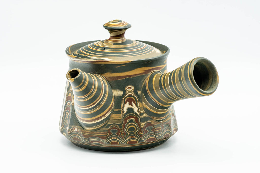 Japanese Kyusu - 沢田豊山 Sawada Toyoyama - Faceted Green Marbled Nerikomi Tokoname-yaki Debeso Teapot - 275ml