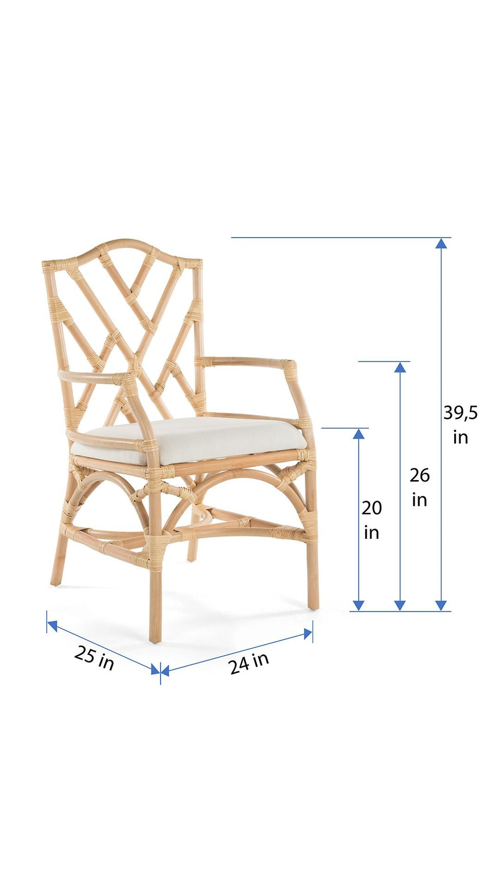 Rattan Chippendale Upholstered Dining Armchair, Set of 2 Chairs