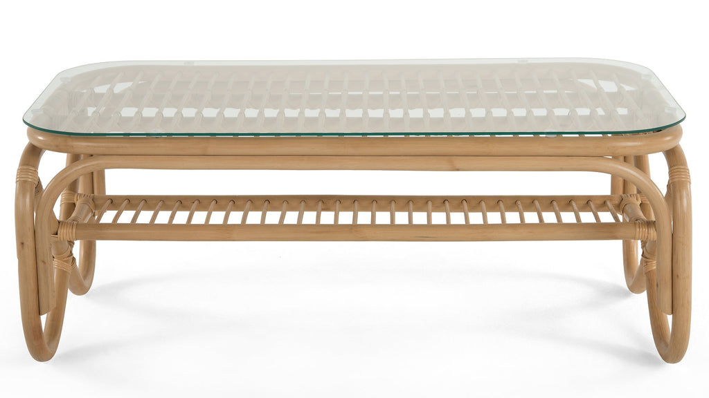 Rectangular Rattan Coffee Table with Glass Top