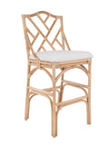 Chippendale Rattan Barstool, Natural Color and Off-White Upholstery