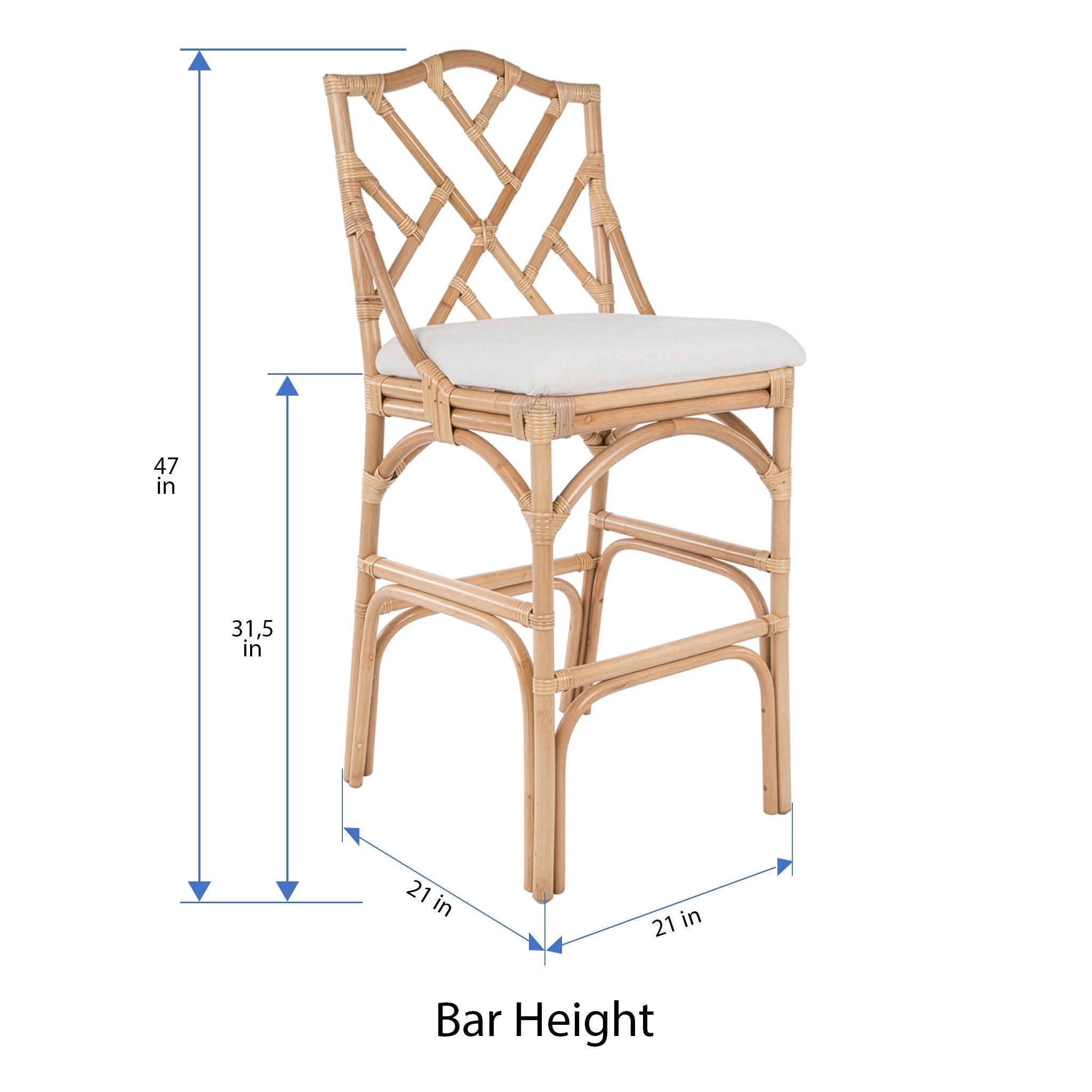 Chippendale Rattan Barstool, Natural Color and Off-White Upholstery