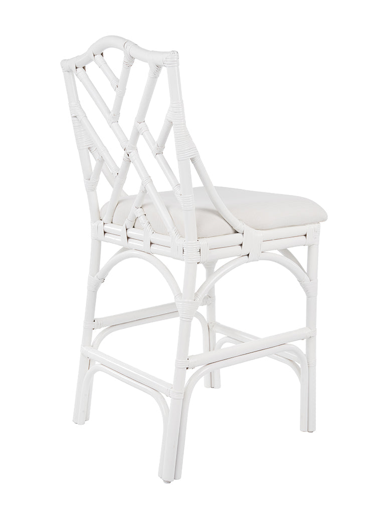 Chippendale Rattan Counter Stool, White and Off-White Upholstery