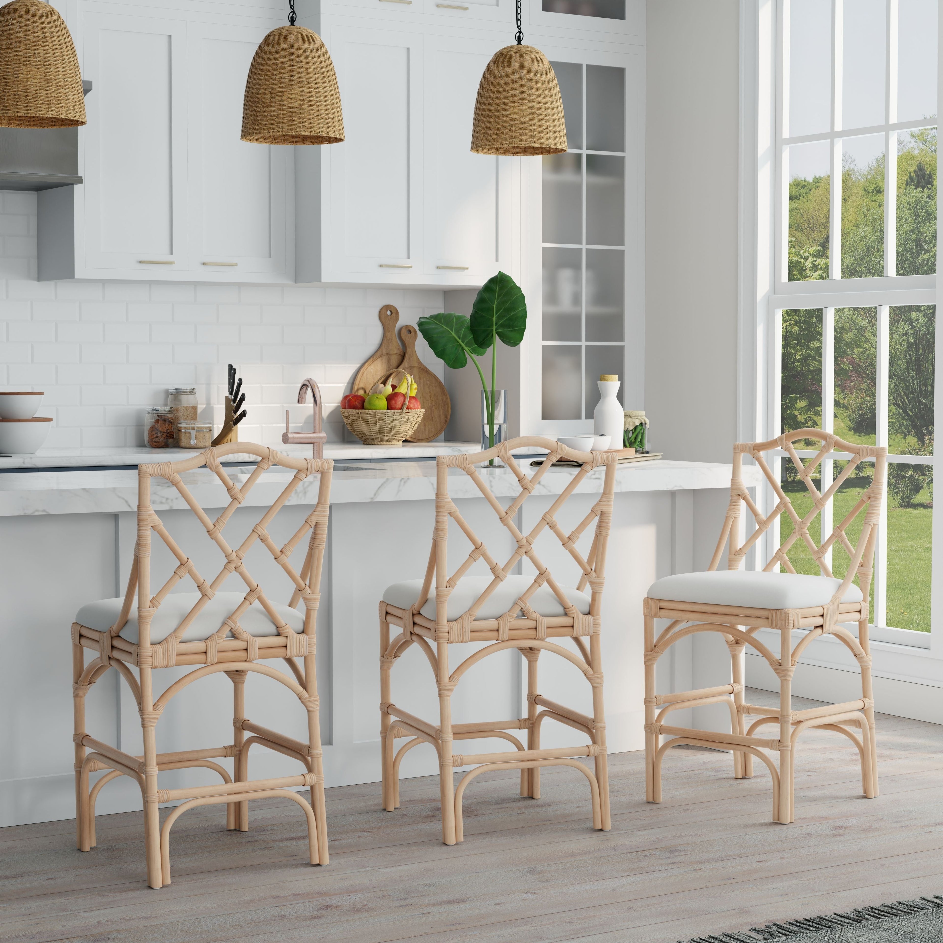 Chippendale Rattan Counter Stool, Natural and Off-White Upholstery