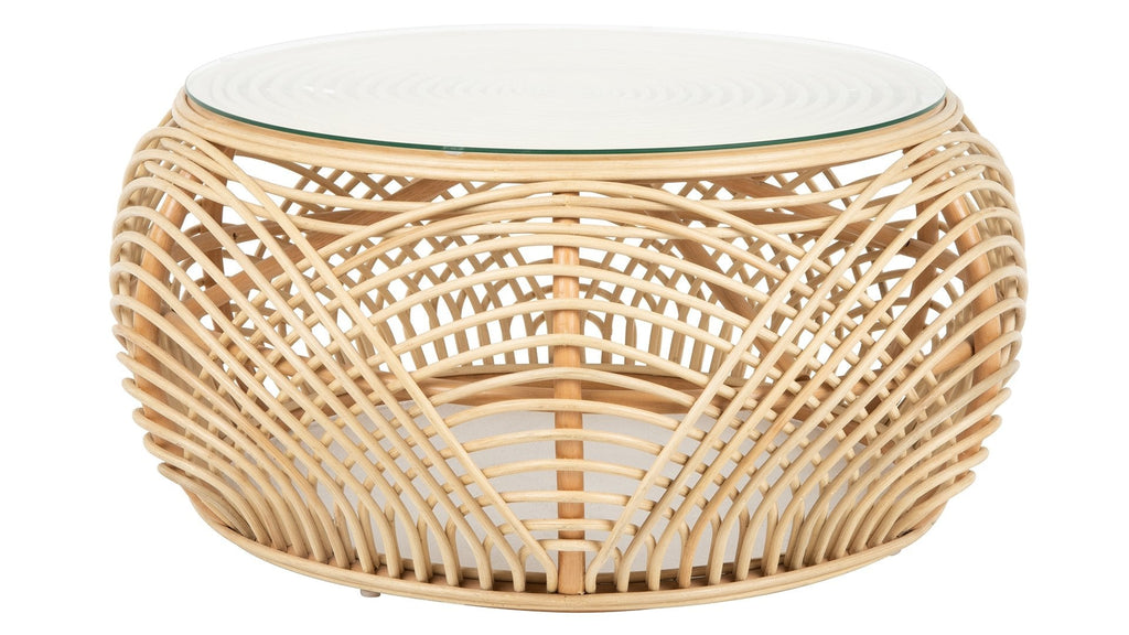 Sibago Rattan Coffee Table with Glass Top, Natural Color