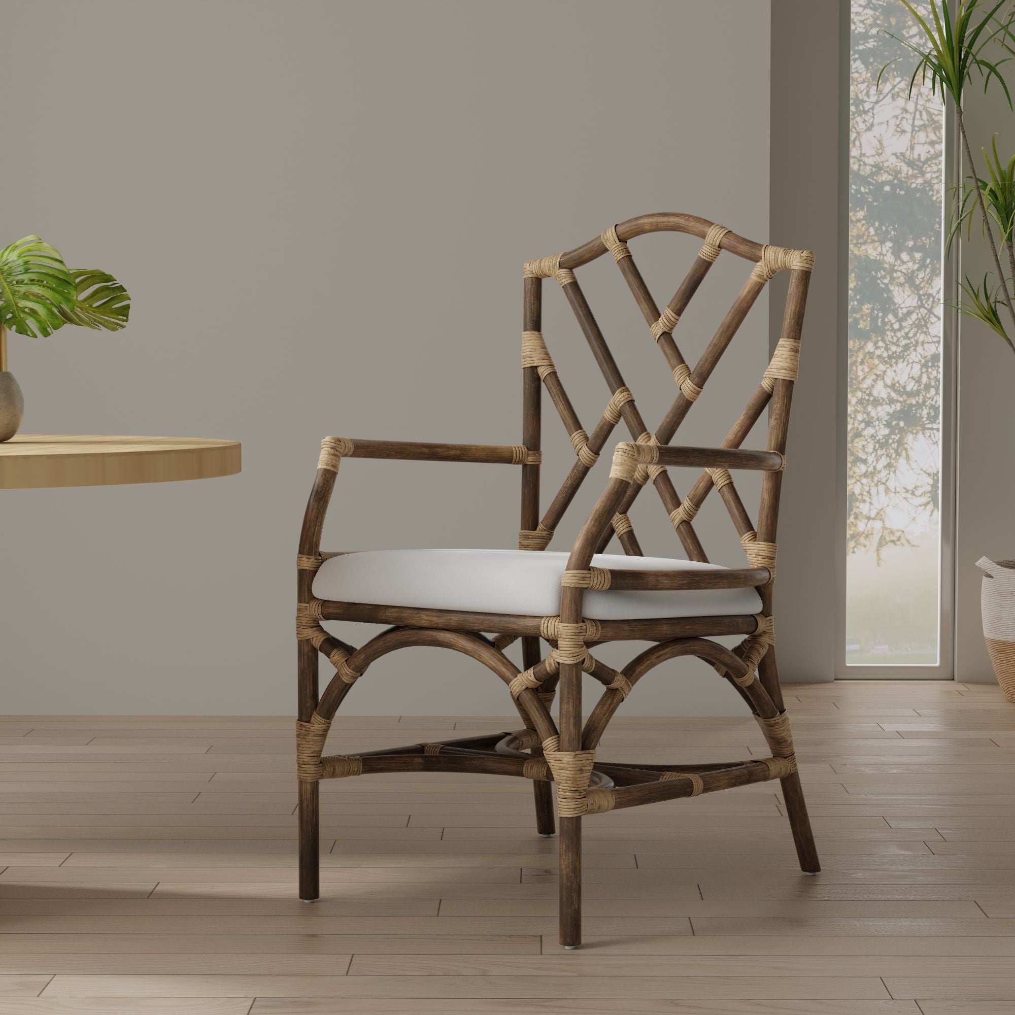 Rattan Chippendale Upholstered Dining Armchair, Antique Brown, Set of 2 Chairs