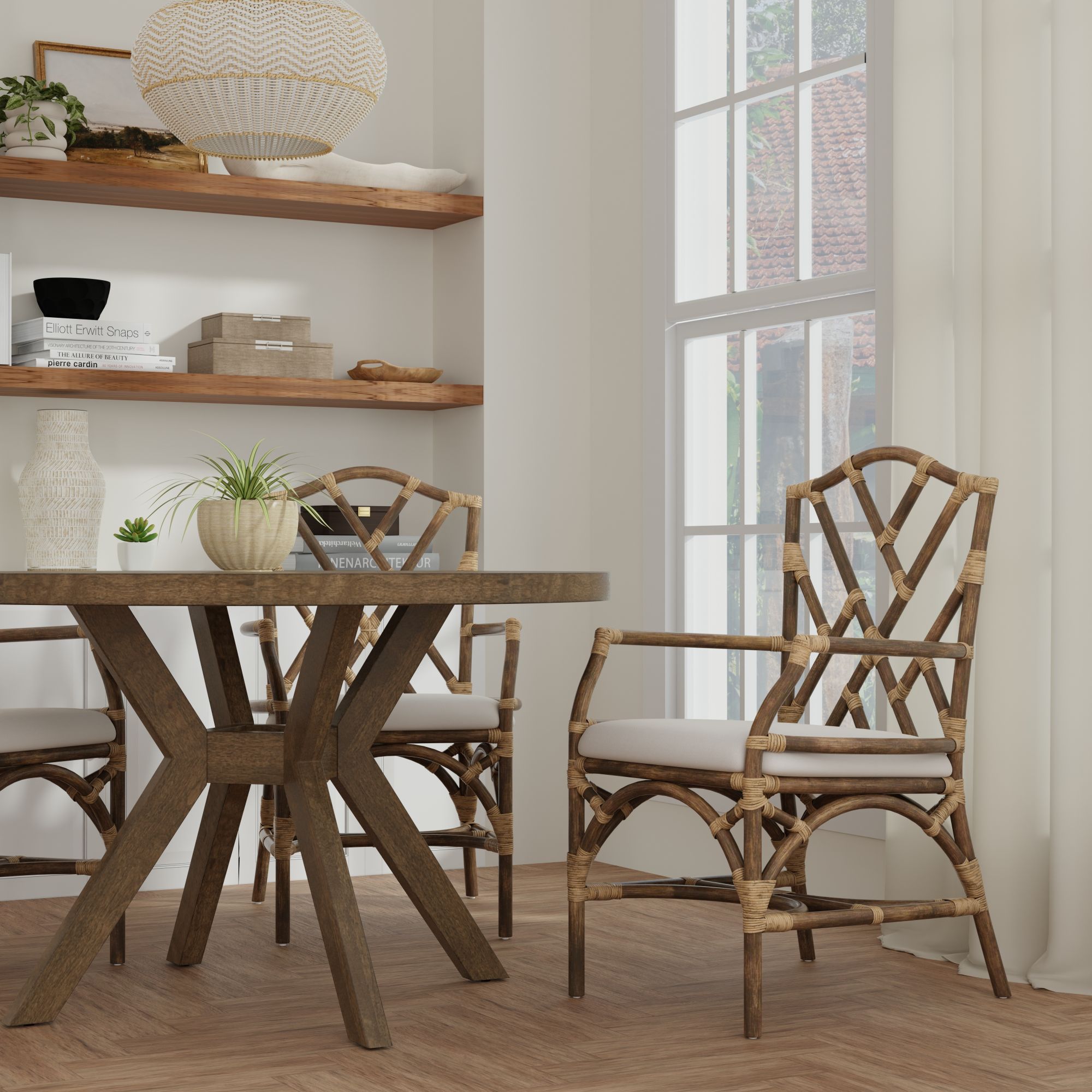 Rattan Chippendale Upholstered Dining Armchair, Antique Brown, Set of 2 Chairs