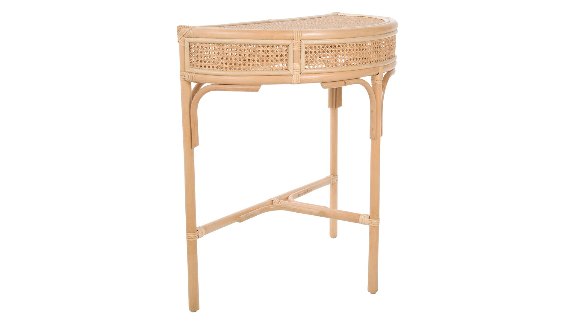 Rattan Cane Half-Moon Semi-Circular Console or End Table, Natural