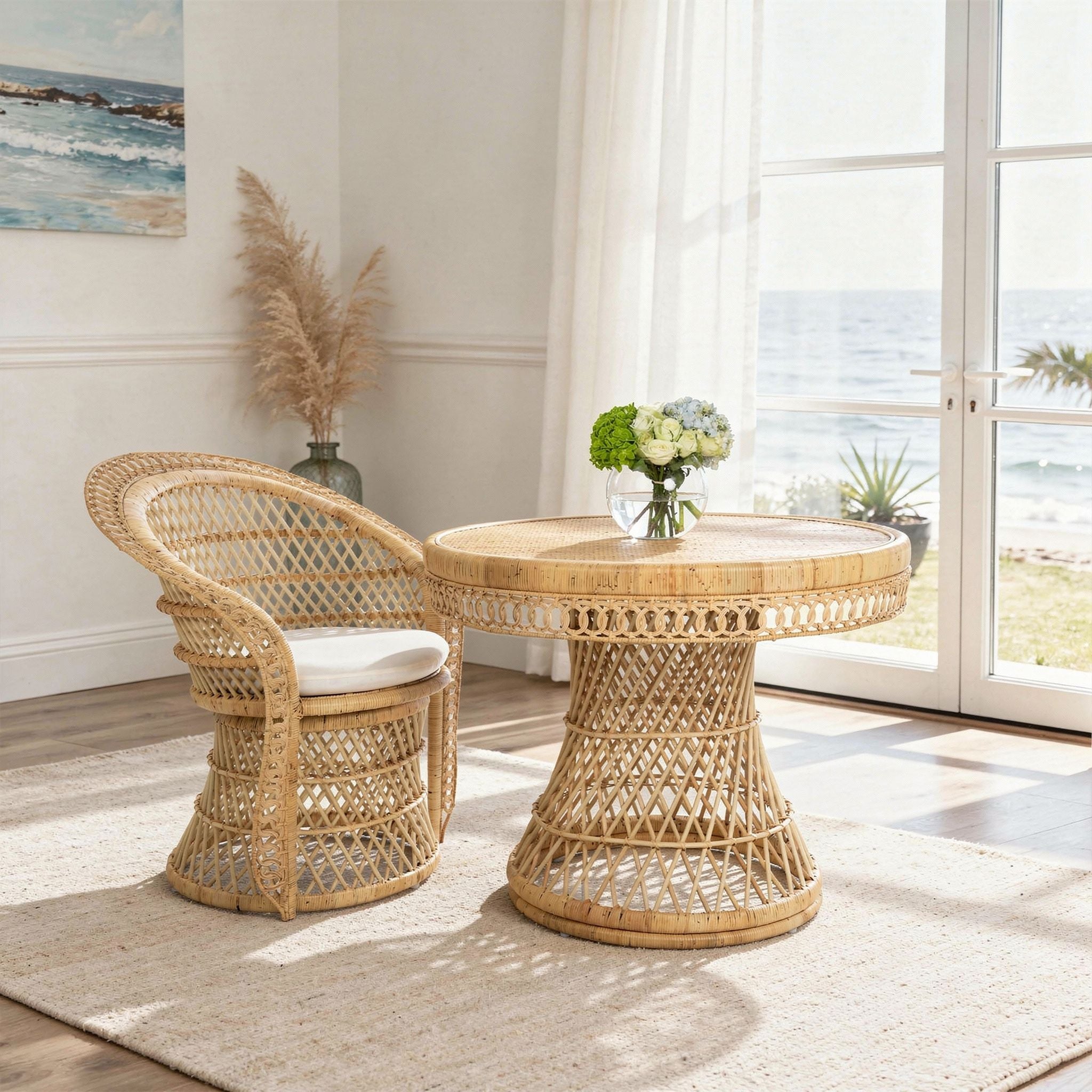 Round Rattan Peacock Dining Table, Natural