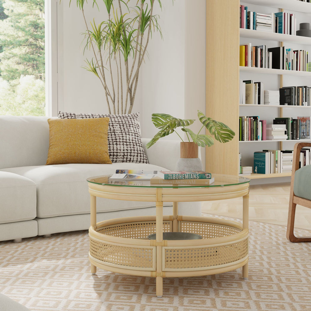 Latitude Rattan Cane Round 2-Tier Open Shelf Coffee Table with Glass Top, Natural