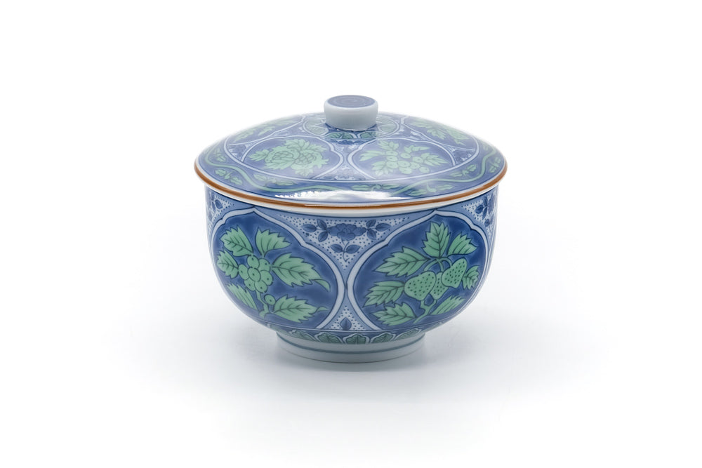 Japanese Teacup - Blue Green Leaves Arita Lidded Yunomi - 215ml