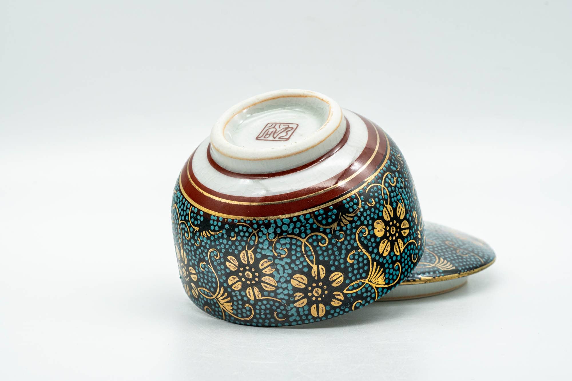 Japanese Teacup - 九谷焼 Floral Aochibu Kutani-yaki Porcelain Lidded Yunomi - 120ml