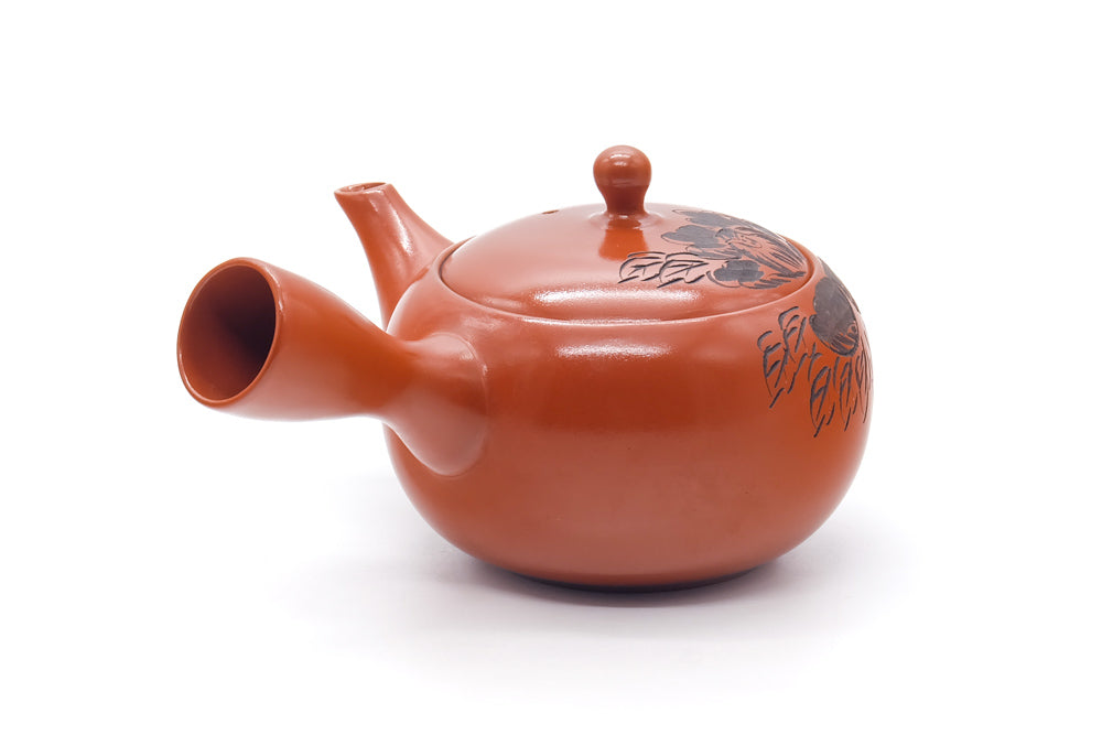 Japanese Kyusu - Engraved Floral Red Shudei Tokoname Mesh Teapot - 320ml